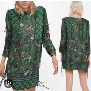 Zara Woman Green Paisley Fringe Satin Dress Sz L